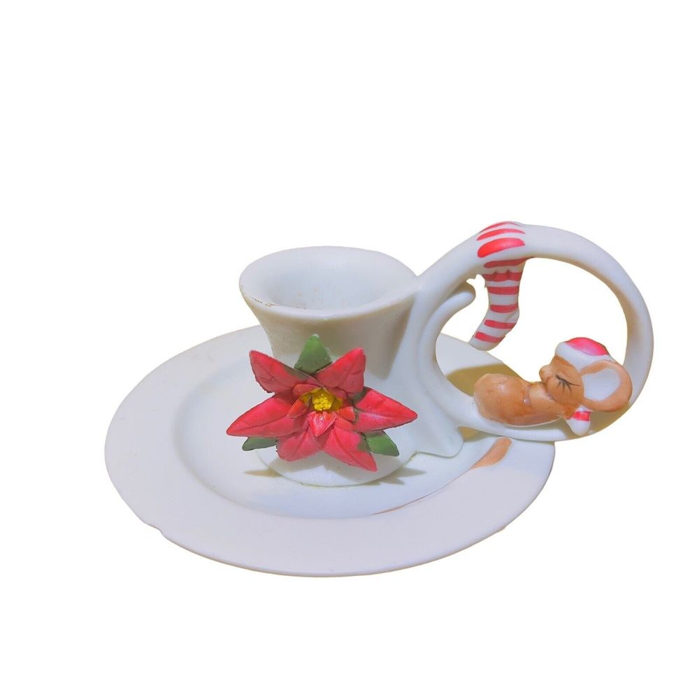 VTG 1983 Gift Co. White Bisque Ceramic Sleeping Mouse Christmas Candle Holder‎